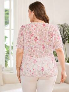 SHEIN Clasi Áo sơ mi nữ size lớn họa tiết hoa, gấu bèo nhún, thắt nơ trước - Nhiều màu - Xem 3