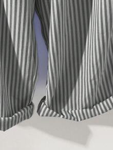 EMERY ROSE Plus Size Loose Minimalist Vertical Striped Bib Pants - Black - View 3