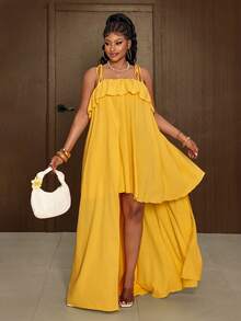 Maweii Vestido de fiesta casual con volantes en el bajo para mujer de talla grande y unicolor - Amarillo - Ver 5