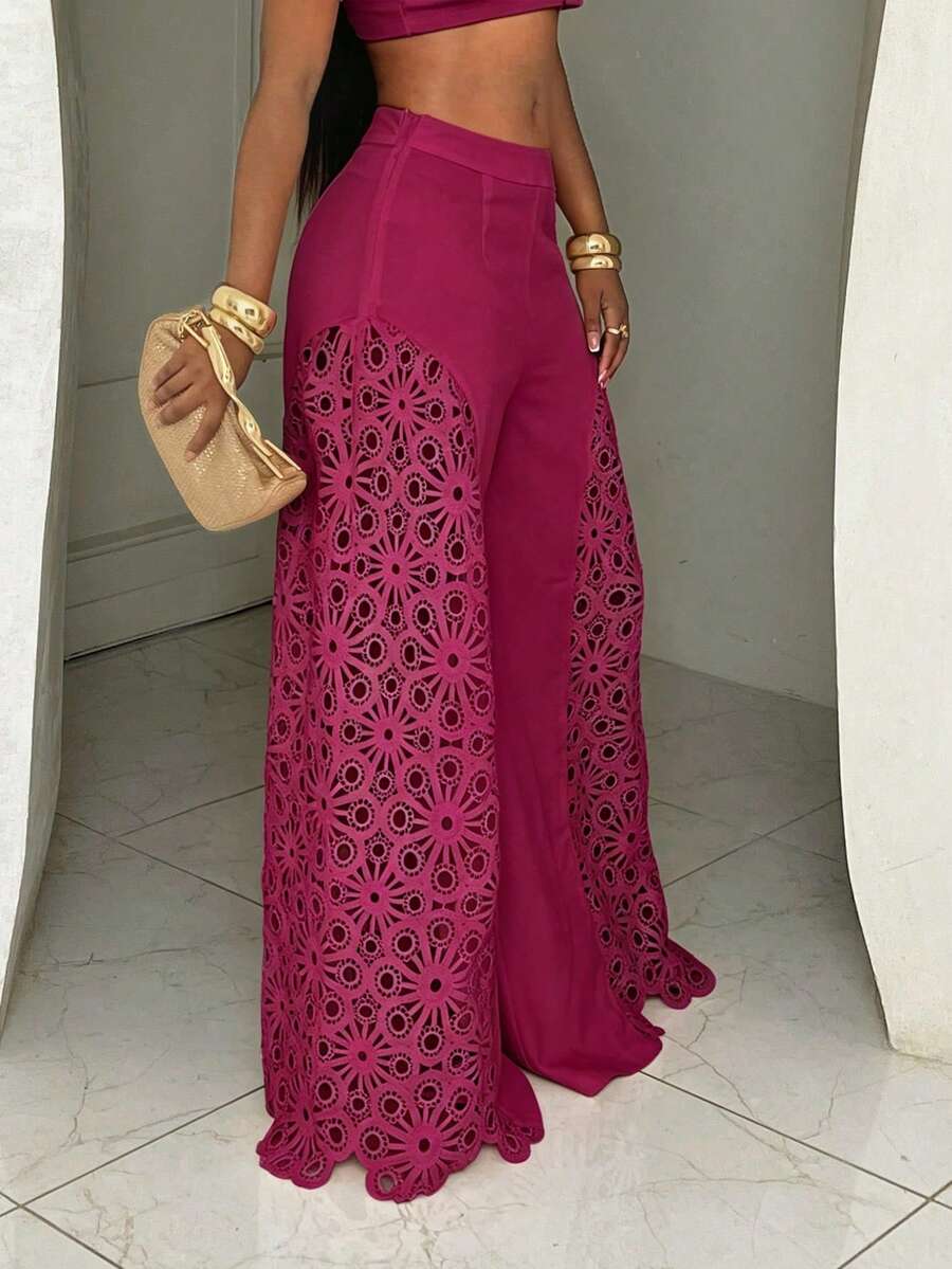 SHEIN BamGlam Women's Solid Color Hollow Out Casual Versatile Wide Leg Pants For Daily Wear - Hot Pink - View 1