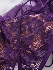 SHEIN Plus Size Lace Patchwork Sexy Bodysuit - Purple - View 5