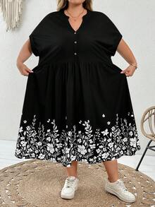 SHEIN CURVE+ Vestido casual de verano de talla grande con estampado floral, cuello con muesca y mangas tipo murciélago - Blanco y Negro - Ver 7