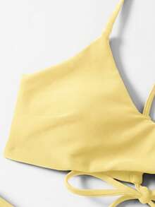 Swim Basics 女款夏季海灘純色綁帶性感比基尼泳衣套裝，無鋼圈 - 黃色 - 查看 9