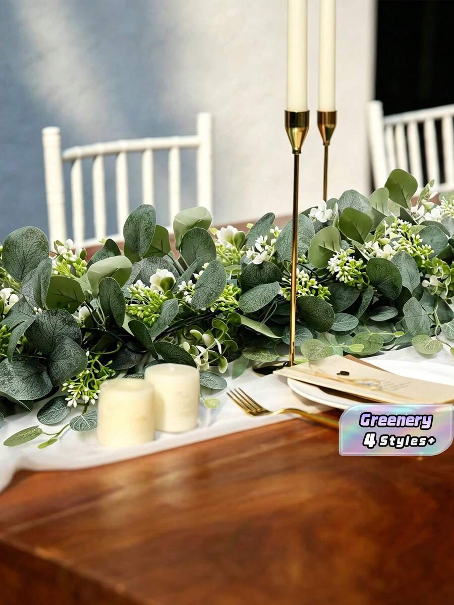 1 pieza/2 piezas, Guirnalda artificial de 6 pies de eucalipto con flores de rosa de seda falsa, hojas de eucalipto con semillas y follaje verde para arco de boda, mesa, pared, fondo, fiesta, habitación, decoración del hogar, dormitorio, baño, cocina - Blanco - Ver 1