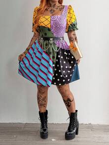 Whyspr Plus Size Punk Patchwork Printed Short Sleeve Dress, Spring/Summer - Multicolor - View 8