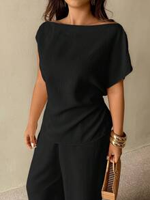Auralis Plus Size Women Solid Color Asymmetrical Shoulder Ruched Top And Pants Casual 2-Piece Set - Black - View 7
