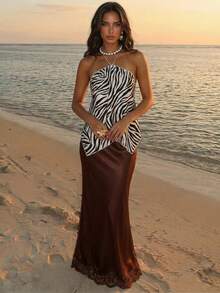 Aloruh Women's Elegant Vacation Style Zebra Print Tie-Up Halter Neck Beach Vacation Top - White - View 5