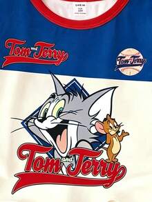 TOM & JERRY X SHEIN GraphicGems Bộ đồ thể thao 2 mảnh dành cho bé trai tuổi teen, in hình hoạt hình, gồm áo thun cổ tròn tay ngắn và quần short. - Màu xanh lam - Xem 6