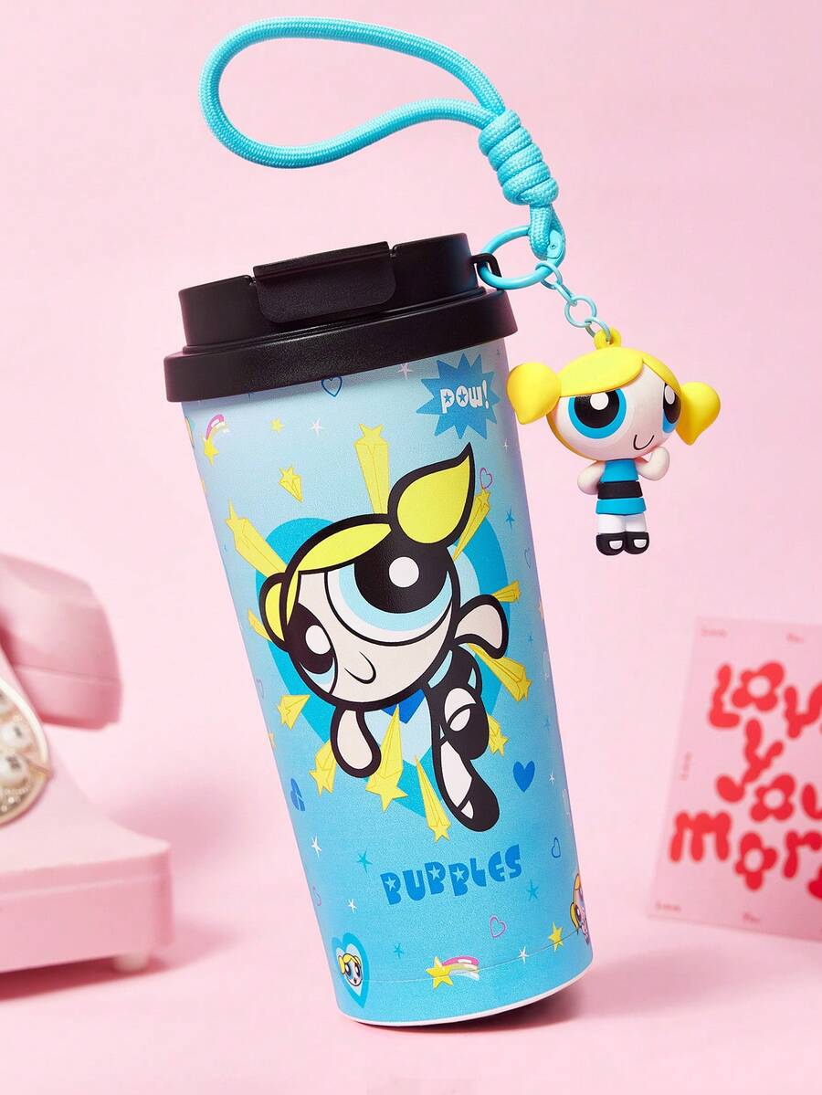 THE POWERPUFF GIRLS X SHEIN 500ml /16 Oz 真空保溫不鏽鋼杯,1個防漏蓋,適用於熱飲/冷飲,適用於大多數杯架 - 藍色 - 查看 1