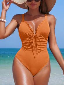 Swim Lushoire Women's Summer Beach Vacation Solid Color Drawstring Ruched Twist One-Piece Swimsuit - Orange - View 4