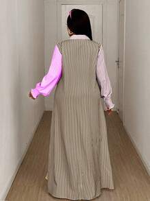 Maweii 2025新款加大码女装连衣裙，条纹撞色印花袖口，通勤休闲百搭，春夏款，时尚立领设计，高开衩连衣裙 - 彩色 - 查看 2