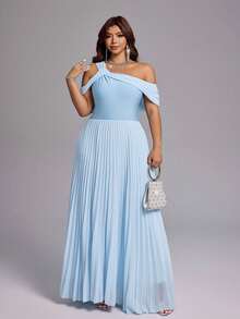 Viva Relle Plus Size Vestido Casual de Festa para Mulheres Cor Sólida Decote Assimétrico Plissado Vestido Azul Vestidos Elegantes para Festa Peplum - Azul - Visão 4
