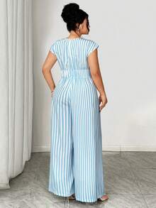 Elenzga Plus Size Women V-Neck Cinched Waist Casual Vacation Striped Print Jumpsuit Zanea Dress For Woman Yisikado Dress Ladies Dresses Z9v7r Ladies Dresses - Blue and White - View 2