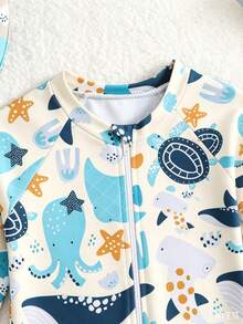 SHEIN Infant/Baby BoyWhale Print Long Sleeve Rash Guard Swimsuit With Sun Protection Wide Brim Hat - Multicolor - View 4