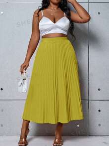 SHEIN Clasi Plus Size Solid Color Elegant Pleated Zip-Up Skirt, Spring/Summer - Yellow - View 7