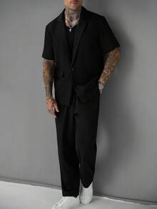 Manfinity Homme 男士黑色夏季休閒時尚街頭風夜間襯衫套裝，純色單排扣短袖翻領上衣與抽繩鬆緊腰長褲，正式風 - 黑色 - 查看 6
