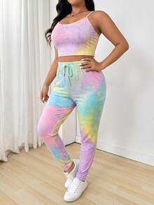 SHEIN EZwear 大码扎染印花吊带背心和裤子两件套（扎染图案随机） - 彩色 - 查看 3