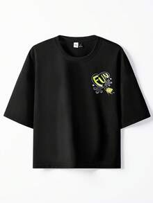 SpongeBob SquarePants | SHEIN TOKVUE 男士休闲日常通勤趣味卡通字母印花落肩宽松T恤，夏季 - 黑色 - 查看 5
