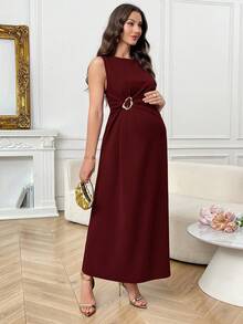 SHEIN Maternity Solid Color Minimalist Sleeveless Dress, Casual Everyday Wear - Burgundy - View 5