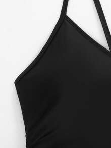 Swim Basics 女士夏季度假沙滩纯色修身褶皱吊带连体泳衣 - 黑色 - 查看 8