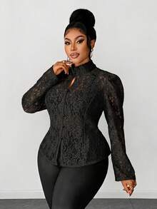 Maweii Plus Size Sexy Sheer Lace Front Button Long Sleeve Shirt, Summer - Black - View 5