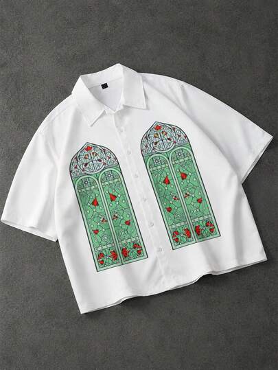  PAVTROS Manfinity Streetrush Men's Casual Window Floral Print Short Sleeve Shirt, Button-Down Shirt, Summer, Boxy Fit, & Fashionable, Suitable For College Campus, Gift For Him, World Cup Gift. Suitable For Casual, Streetwear, Outdoor Activities, Theme Parties, Etc.