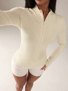 SHEIN BAE Chaqueta deportiva ajustada con cremallera frontal de unicolor - Amarillo claro - Ver 3