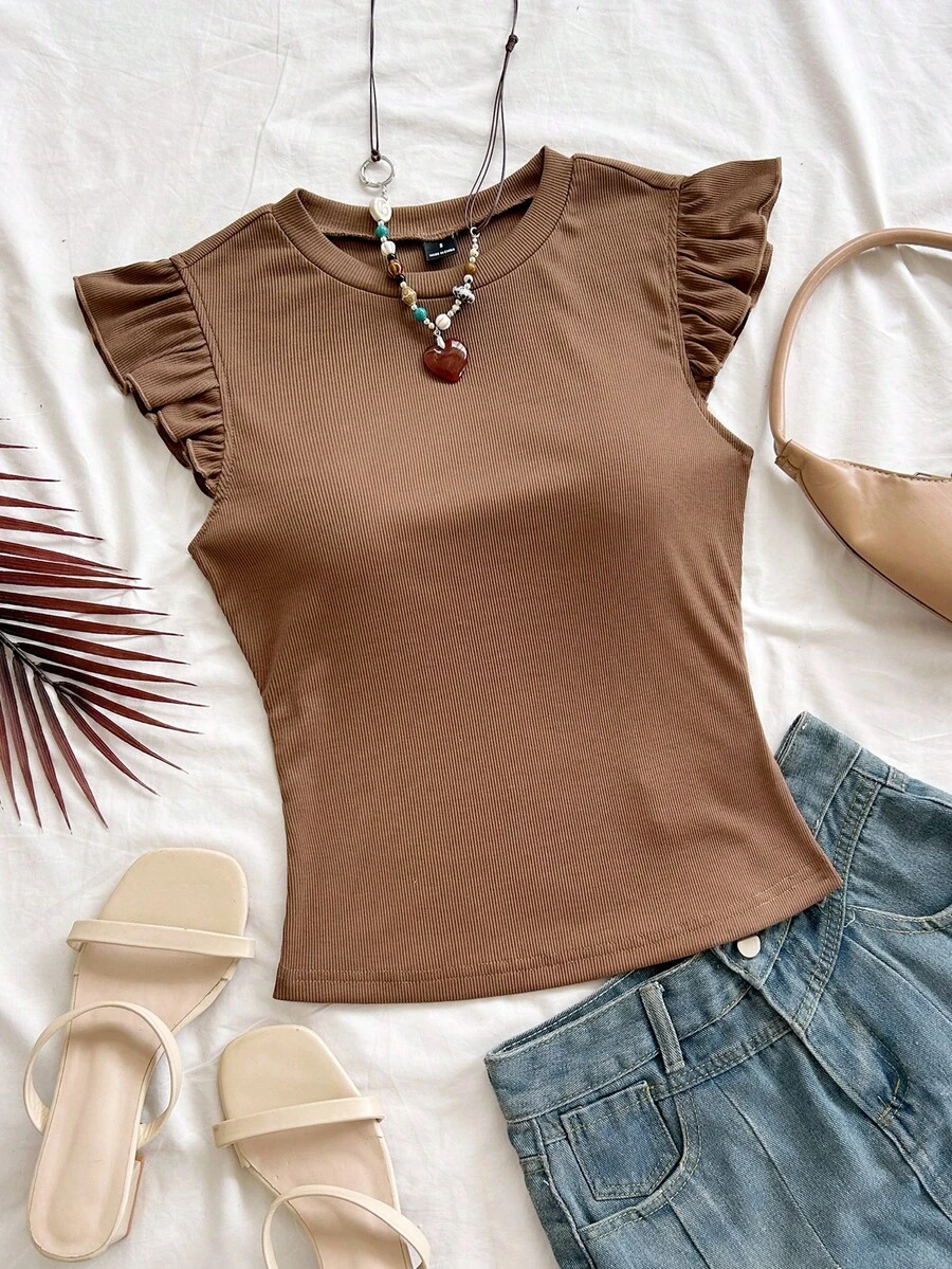 Soleia WYWH Vacation Ruffle Trim Ribbed White Knit Tee,Summer Top - Coffee Brown - View 1