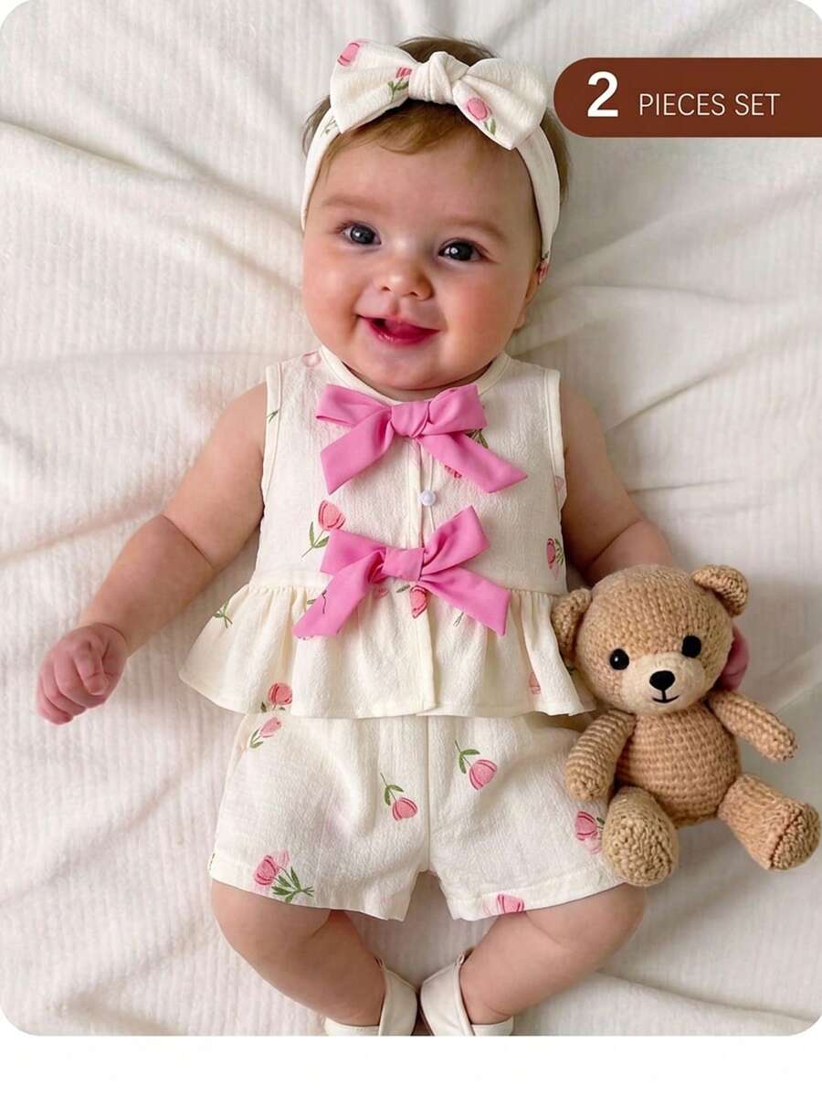 SHEIN Kids Multicolor Polyester Ruffle Flounce Sleeve Tank Top Co-Ord With Plants Pattern For Baby Girls Vacation Style - Apricot - View 1