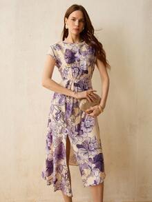 CielaLinda Đầm maxi nữ cổ tròn tay ngắn in họa tiết, thiết kế xoắn phía trước và vạt bất đối xứng. - Nhiều màu - Xem 1