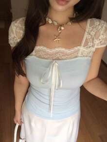 Joudiya 春夏花卉 2合1鏤空蕾絲拼接藍色上衣 情人節婚禮宴會舞會晚禮服 時尚派對修身優雅通勤短袖女款T恤 - 薄荷藍 - 查看 4