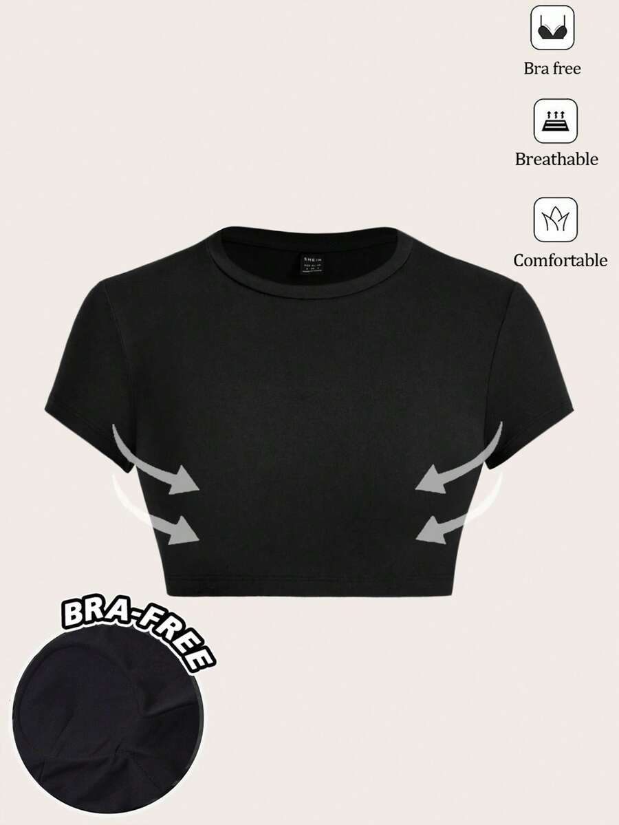 SHEIN ICON 免內衣墊肩黑色圓領短袖短版性感上衣,休閒極簡運動街頭風夜店風Y2K上衣,女裝夏季穿搭 - 黑色 - 查看 1
