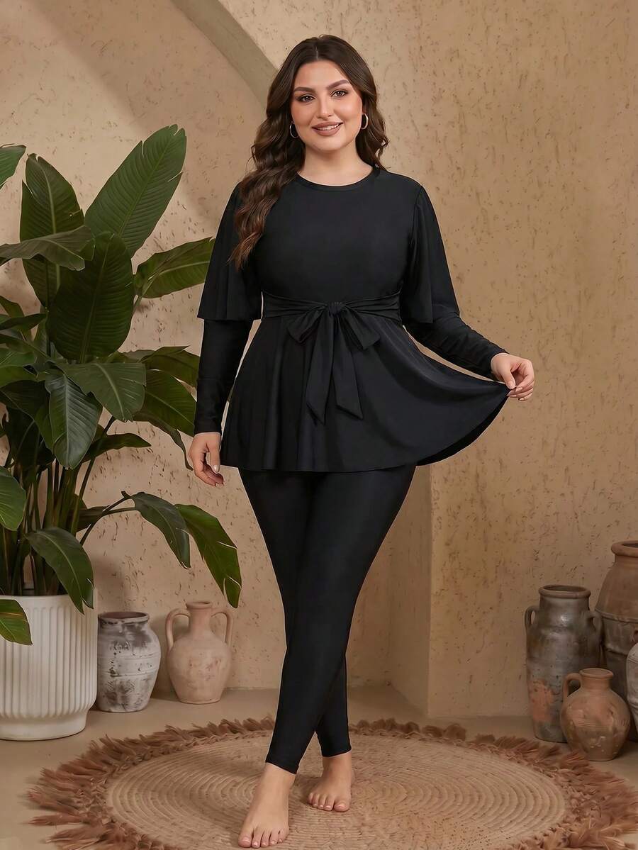 Swim Mulvari 2026 Spring/Summer New Plus Size Women Black Solid Color Casual Resort Middle East Style Bikini Swimwear Set - Black - View 1