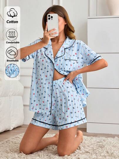 SHEIN 100% Cotton Women Casual Summer Contrast Binding Stripe And Love Patterned 2 Pcs, Button Front Pocket Sleep Shirt + Elastic Waist Comfort Sleep Shorts Bottom Pajama Lounge Set