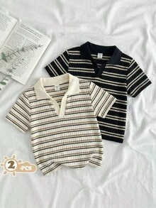 SHEIN Explorewe 两件套男童休闲学院风华夫格条纹针织V领Polo衫，适合4-7岁男孩春夏穿着。这款阳光男孩Polo衫适合上学和居家穿着。无论上学还是在家，男孩们都可以穿着这件休闲、舒适又时尚的Polo衫。这款上衣百搭耐穿，适合男孩们的日常生活和聚会场合。让男孩们保持时尚舒适，充满活力和乐趣！ - 彩色 - 查看 5