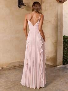 Enchnt Vestido romántico para vacaciones con volantes en el bajo, plisado y espalda descubierta - Rosa - Ver 3