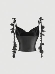 SHEIN MOD 女款黑色緞面細肩帶背心上衣，70年代派對夏季晚裝時尚吊帶衫，飾有裝飾性肩帶綁繩，修身抓褶腰部，緞面胸前設計 - 黑色 - 查看 2