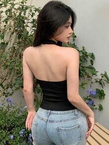 DAZY 女款純色掛脖綁腰休閒上衣 夏季掛脖上衣 - 黑色 - 查看 6