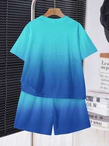 SHEIN 青少年男童休闲舒适简约圆领短袖T恤和短裤套装 - 彩色 - 查看 3
