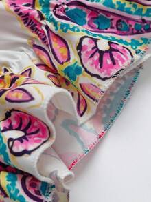 Linhara Plus Size Women's White Summer Boho Vacation Holiday Bohemian Floral Print Contrast Color Lapel Full Button Lace Trim Lantern Sleeve Ruffle Blouse - Hot Pink - View 7