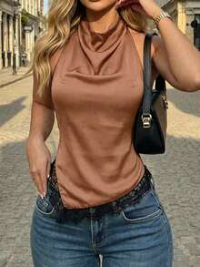 Ritzy Row Fashionable Black Silk Halter Top With Delicate Lace Trim, V-Neck Design, Elegant Ladies' Camisole, Sexy And Stylish For Daily Wear - Khaki - View 1