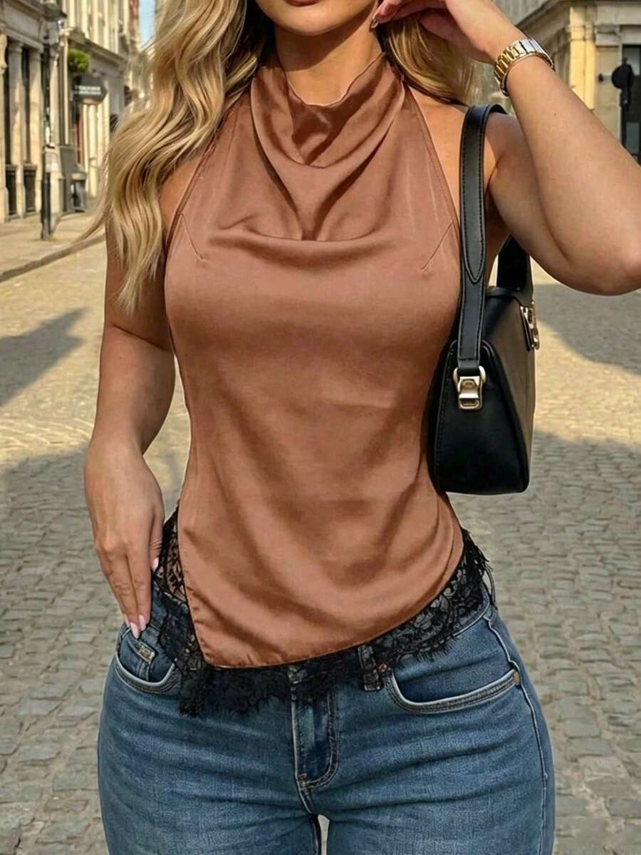 Ritzy Row Fashionable Black Silk Halter Top With Delicate Lace Trim, V-Neck Design, Elegant Ladies' Camisole, Sexy And Stylish For Daily Wear - Khaki - View 1
