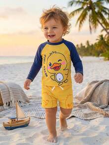 SHEIN 2pcs Baby Boy Knit Contrast Color Round Neck Cute Animal Pattern Casual Swimsuit Top And Swim Trunks Set - Multicolor - View 3