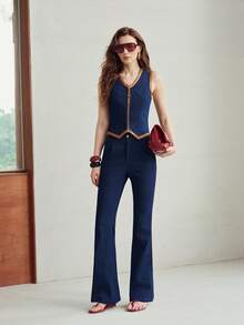 MOTF PREMIUM WOMEN'S CONTRAST TRIM FLARE JEANS - Blue - View 3