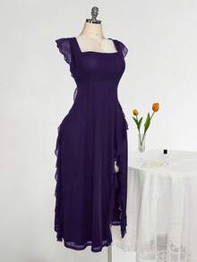 SHEIN ICON Plus Size Square Neck Ruffle Trim Fitted Dress, Suitable For Wedding Parties, Wedding Guest Attire, Romantic Spring Outfit - Purple - View 8