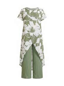 SHEIN Clasi 女士印花不对称下摆短袖衬衫和裤子休闲两件套 - 彩色 - 查看 7