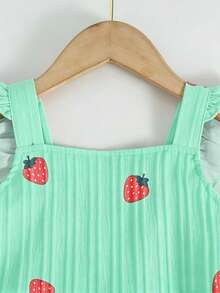 Elladie kids 1 Stück weißer ärmelloser Jumpsuit mit Kirschprint und Träger-Design für Kleine Mädchen, mit niedlichen Rüschenärmeln und roter Verzierung, locker geschnitten für bequemen Alltags-Tragekomfort, geeignet für Casual, Homewear, leichte Outdoor-Aktivitäten im Frühling/Sommer - Grün - Übersicht 7