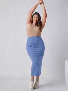 SHEIN BASICS Plus Size Women's Casual, Work, Commute Solid Color Elastic Waist Pencil Skirt, Suitable For Spring, Summer, Autumn - Blue - View 3