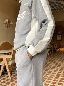 Ngobest Haus Ngobest Haus Men's Casual Fashion Street Sporty Letter Print Contrast Color Half Zip Hooded Sweatshirt And Drawstring Waist Straight Leg Sweatpants Set, Spring/Autumn - Multicolor - View 5