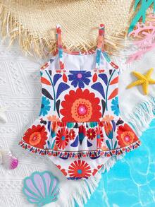 SHEIN Baby Girl Floral Print Ruffle Trim One-Piece Swimsuit For Beach Vacation - Multicolor - View 2